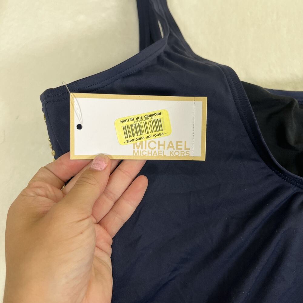 NWT Michael Kors U-Neck Gold Studded Sides Maillot 1-PC Swimsuit Navy Blue 22W - Picture 9 of 15